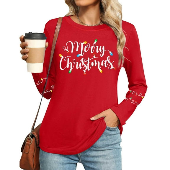 Women's Christmas Shirt Long Sleeve Crewneck Letter Printed Pullover Tee Red L