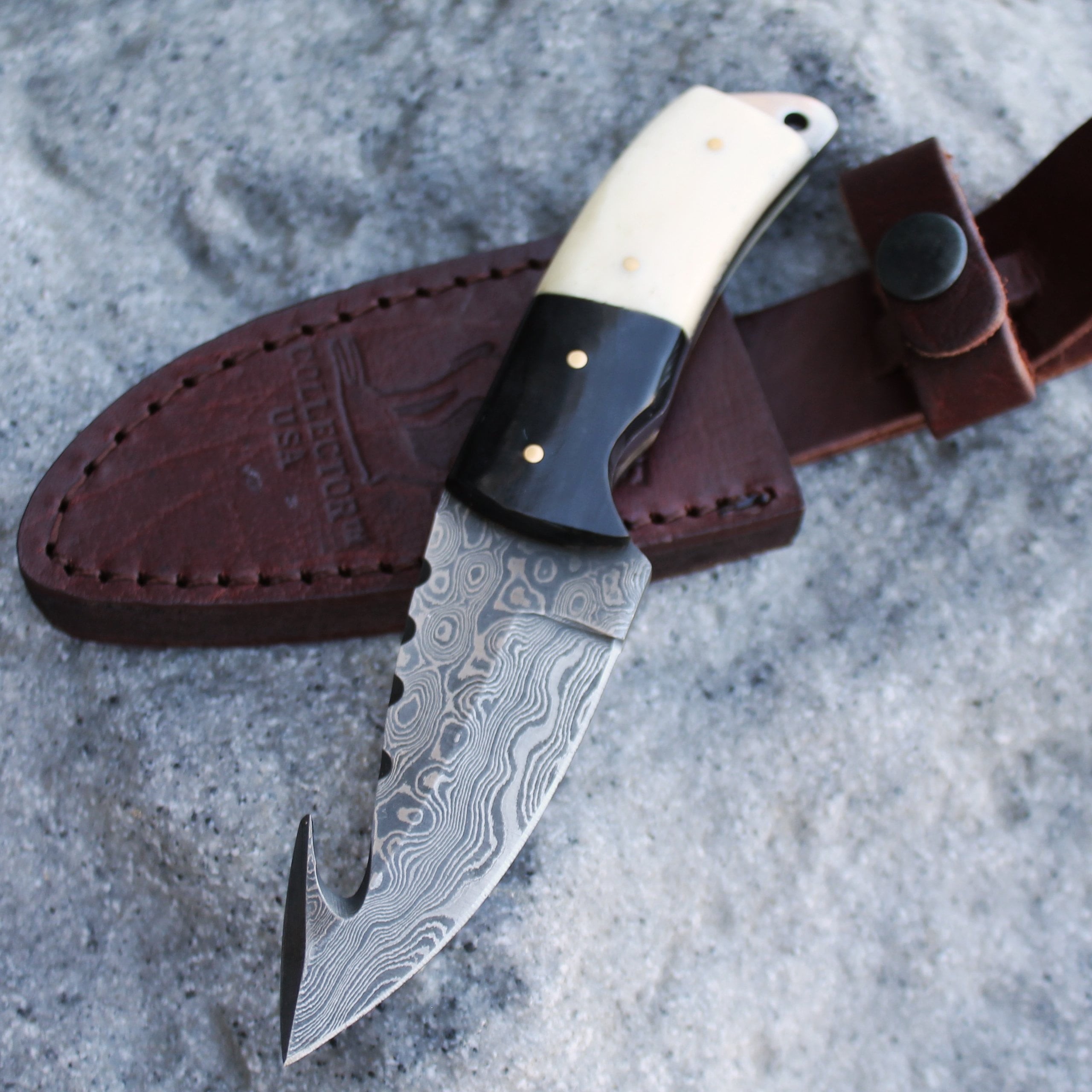 Buy Damascus Steel Hunting Knife Gut Hook Skinner 3 Blade Bone Handle