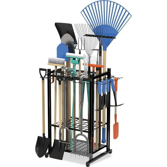 Garden Tool Organizer Rack Up to 50 Tools, Heavy-Duty Steel Yard Tool Organizer for Garage Storage with 11 Hooks, Broom Holder & Garden Tool Rack for Shed, Patio, Outdoor Use, Black