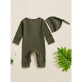 thumbnail image 6 of Spewahor Baby Girls Boys Spring Autumn Romper Long Sleeve Crew Neck Solid Color Ribbed Button Jumpsuit with Hat, 6 of 9