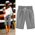 thumbnail image 2 of Lenpel Bermuda Shorts for Women Elastic High Waisted Drawstring Button Front Knee Length Shorts Summer Casual Shorts with Pockets, 2 of 7