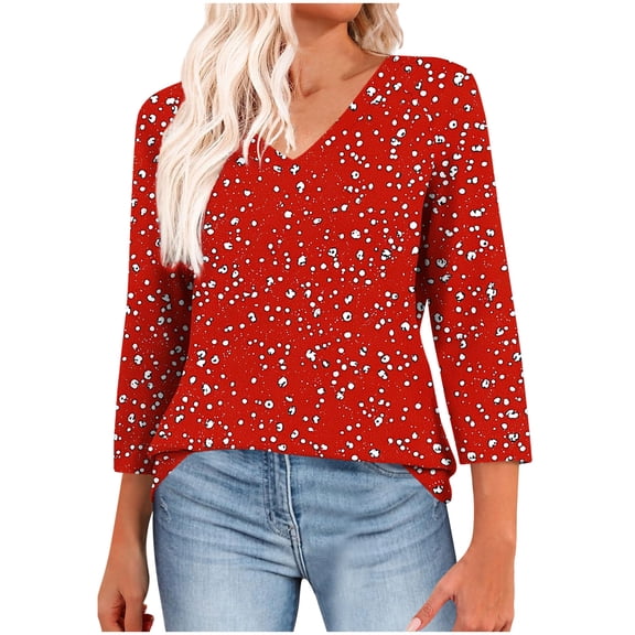 Jsaierl Womens 3/4 Sleeve Tops Casual V Neck Shirts Trendy Print Petite Blouses Going Out Holiday T-shirts Raglan Top S-3XL