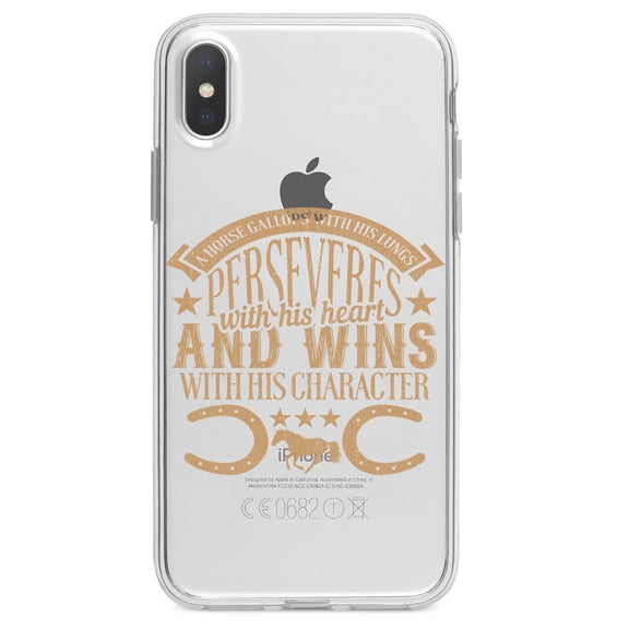 DistinctInk Clear Shockproof Hybrid Case for iPhone XR (6.1" Screen) - TPU Bumper Acrylic Back Tempered Glass Screen Protector - Horse Gallops, Perseveres, Wins