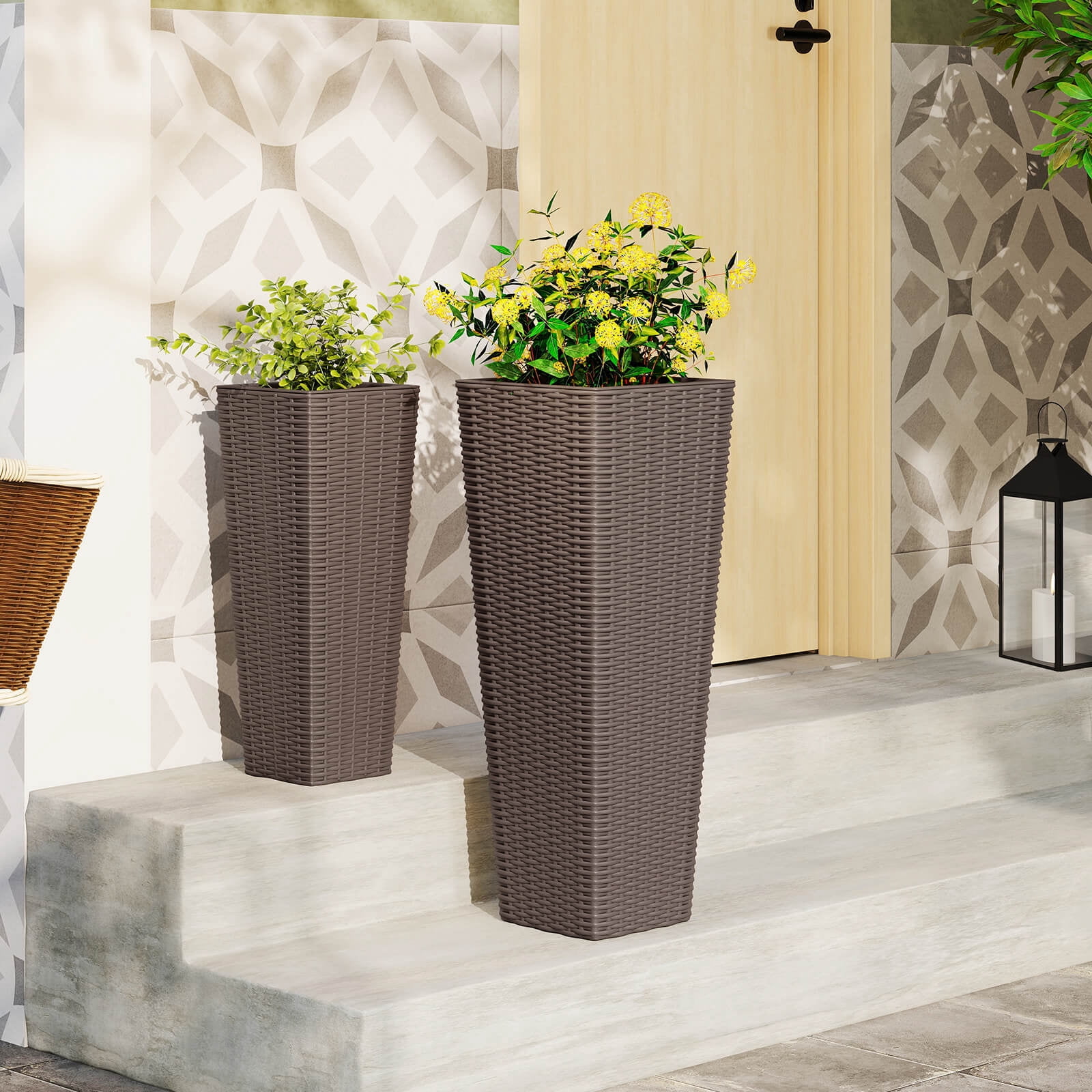 Costway Rattan Tall Planter Set of 2 with Removable Inner Trays, Drainage Holes for Garden Coffee