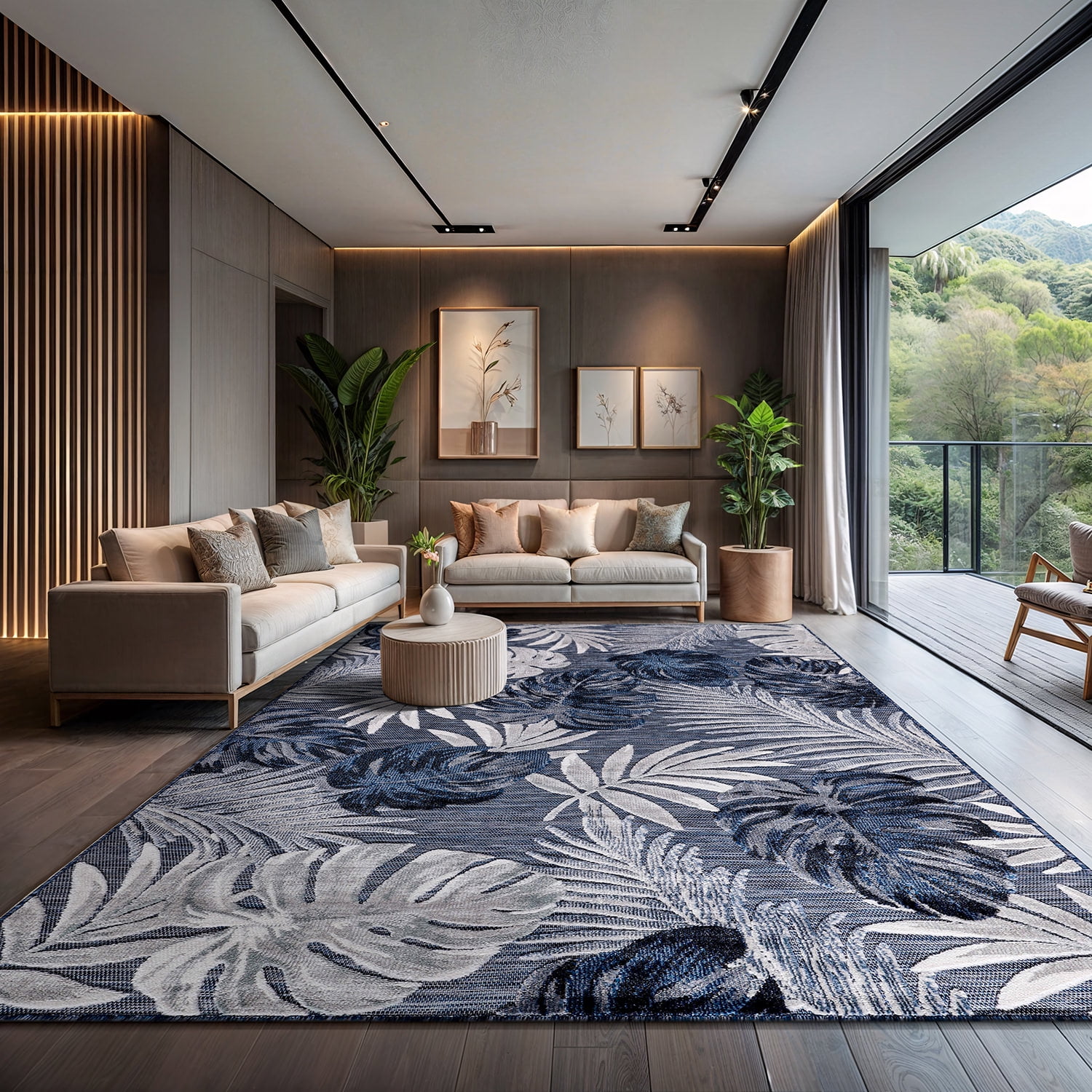 CAMILSON Spring Leaf Tropical Botanical Easy-Cleaning Non-Shedding Washable Outdoor Indoor Area Rug Navy Blue 6x9