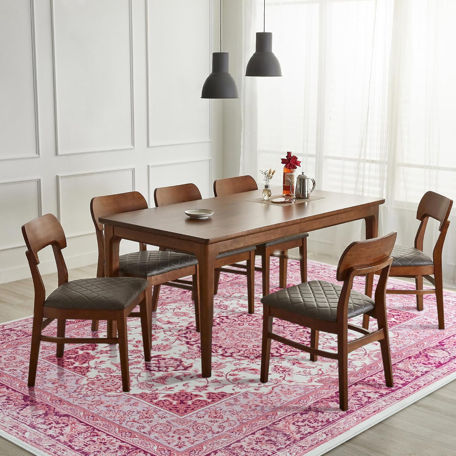 Wondo 6x9 Area Rugs for Living Room, Washable Area Rug, Rugs for Bedroom, Kitchen Rugs, Vintage Boho Carpet, Soft Non-Slip, Low Pile Large Area Rug for Office Dining Room, Pink
