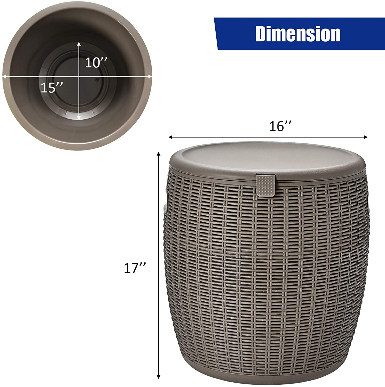 FASCK 9.5 Gallon Ice Cooler, Wicker Round Ice Chest, Outdoor Beer Wine Ice Bucket, Top Lid Side Handles Drainage Plug, Weather-resistant Patio Cool Bar Table for Cocktail Party Poolside Deck