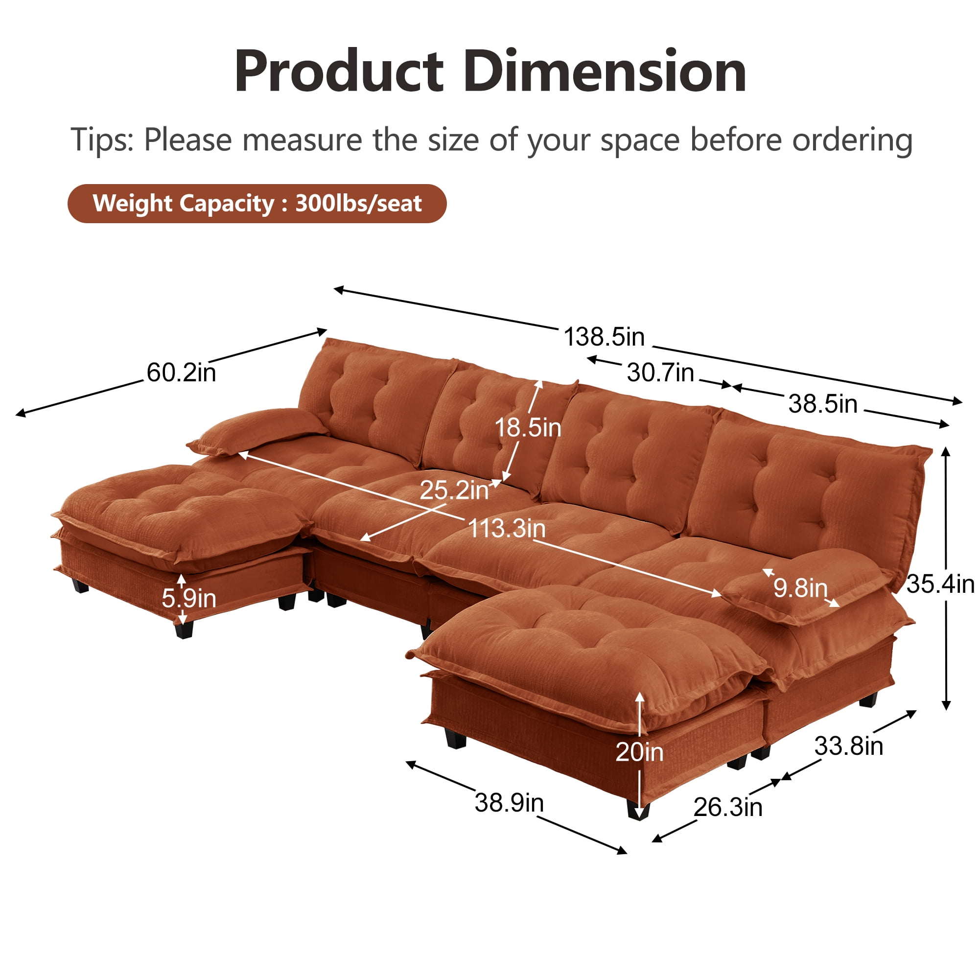 AISWORD 138" U-Shaped Modular Sectional Cloud Sofa with 2 Ottomans, Chenille Fabric Deep Seat Couch with Lattice Decored Cushions