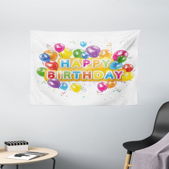 Birthday Decorations Tapestry, The Words Happy Birthday with Vivid Balloons Confetti Rain Blithesome, Wall Hanging for Bedroom Living Room Dorm Decor, 60W X 40L Inches, Multicolor, by Ambesonne