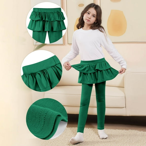 Girls School Uniform Pants with Double Layer Ruffled Skirt Elastic Waist Legging for Kids Solid Color Soft Sports Trousers 2025 Cute Fall Pants,Sizes 3-14