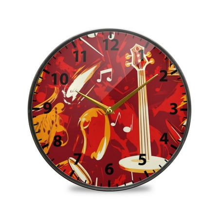Musical Notes and Instruments Wall Clock Modern Decor Acrylic Clock Golden Hands 9.5in