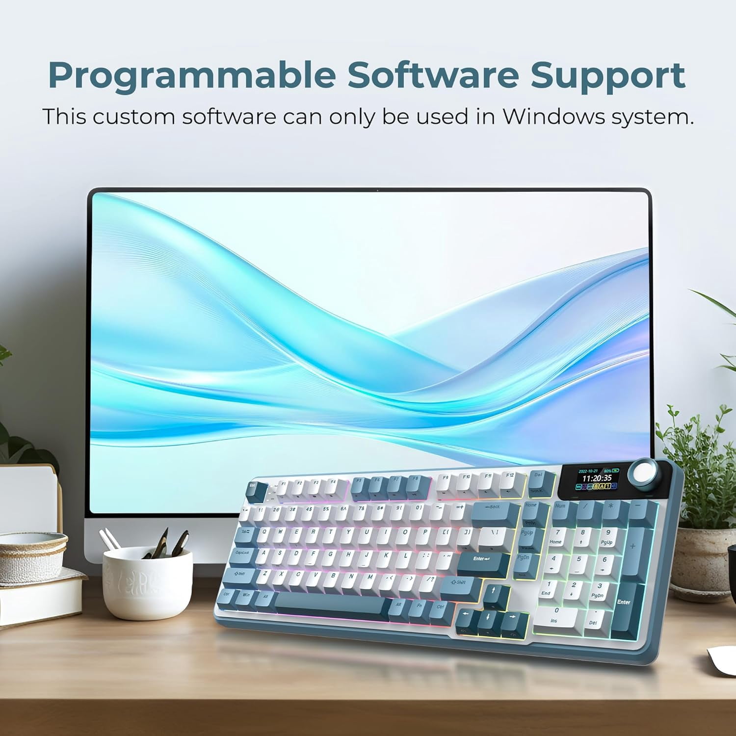 Rosewill Neon S96 Wireless Mechanical Keyboard, 98-Key Layout w/ Volume Knob, Bluetooth / 2.4GHz / USB-C, Hot-Swappable Blue Switches, RGB Backlit, 3750mAh Battery, Windows & macOS, White
