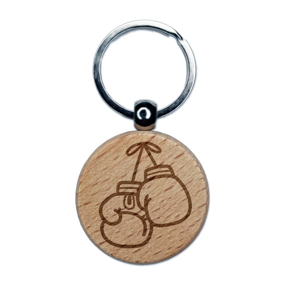Boxing Gloves Hanging Round Keychain Charm Tag - Engraved Wood