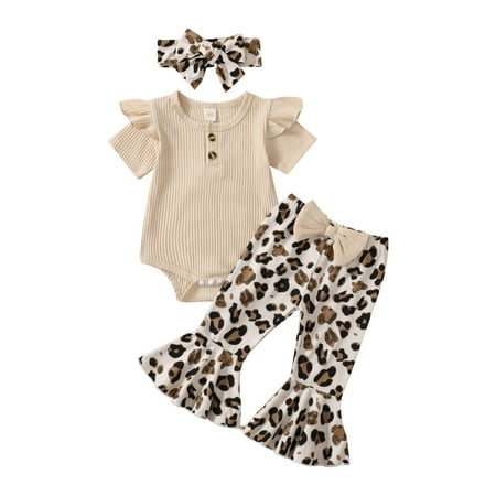 

Girls Short Sleeve Ribbed Romper Bodysuit Leopard Prints Bell Pants Headbands Outfits Size 3 Months-18 Months