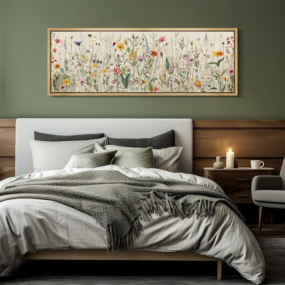 IDEA4WALL Extra Large Framed Canvas Print Wall Art Vintage Wildflower Watercolor Panoramic Botanical Retro Artwork Nature Wilderness Fine Art Vintage Decor for Home Decoration - 60"x20"