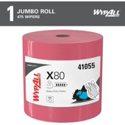 WypAll PowerClean X80 Cloths Heavy Duty Wipes (41055), Jumbo, Extended Use Towels, Red (1 Roll of 475 Sheets, 475 Sheet Total)