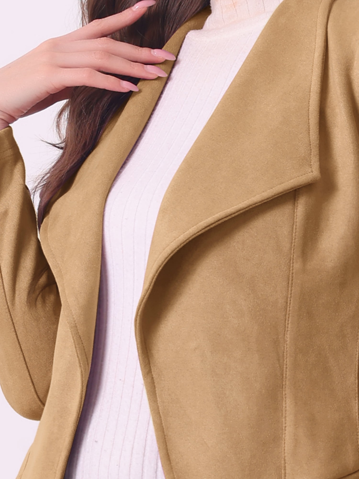 DARING DIVA Faux Suede Jacket Open Front Lapel Draped Cardigan Blazers XS Khaki