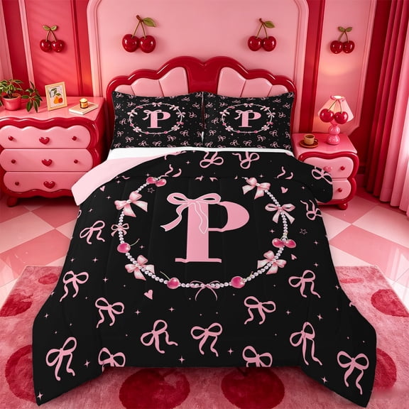 meiyoeat Pink Bowknot Monogrammed P Full Size Comforter Sets,3D Cartoon Pearl Bedding Comforter Set For Girl,Pink Reversible,3 Pieces,1 Comforter and 2 Pillowcases