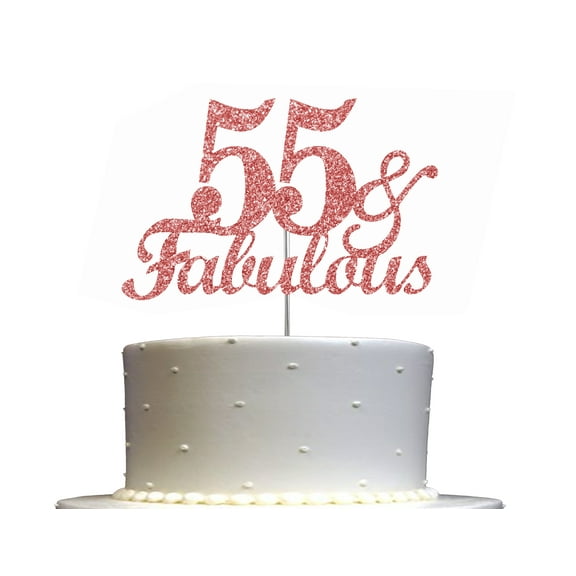 Fabulous & 55 Cake Topper Rose Gold Glitter, 55th Birthday Party Decoration Ideas, Sturdy Doubled Sided Glitter, Acrylic Stick. Made in USA