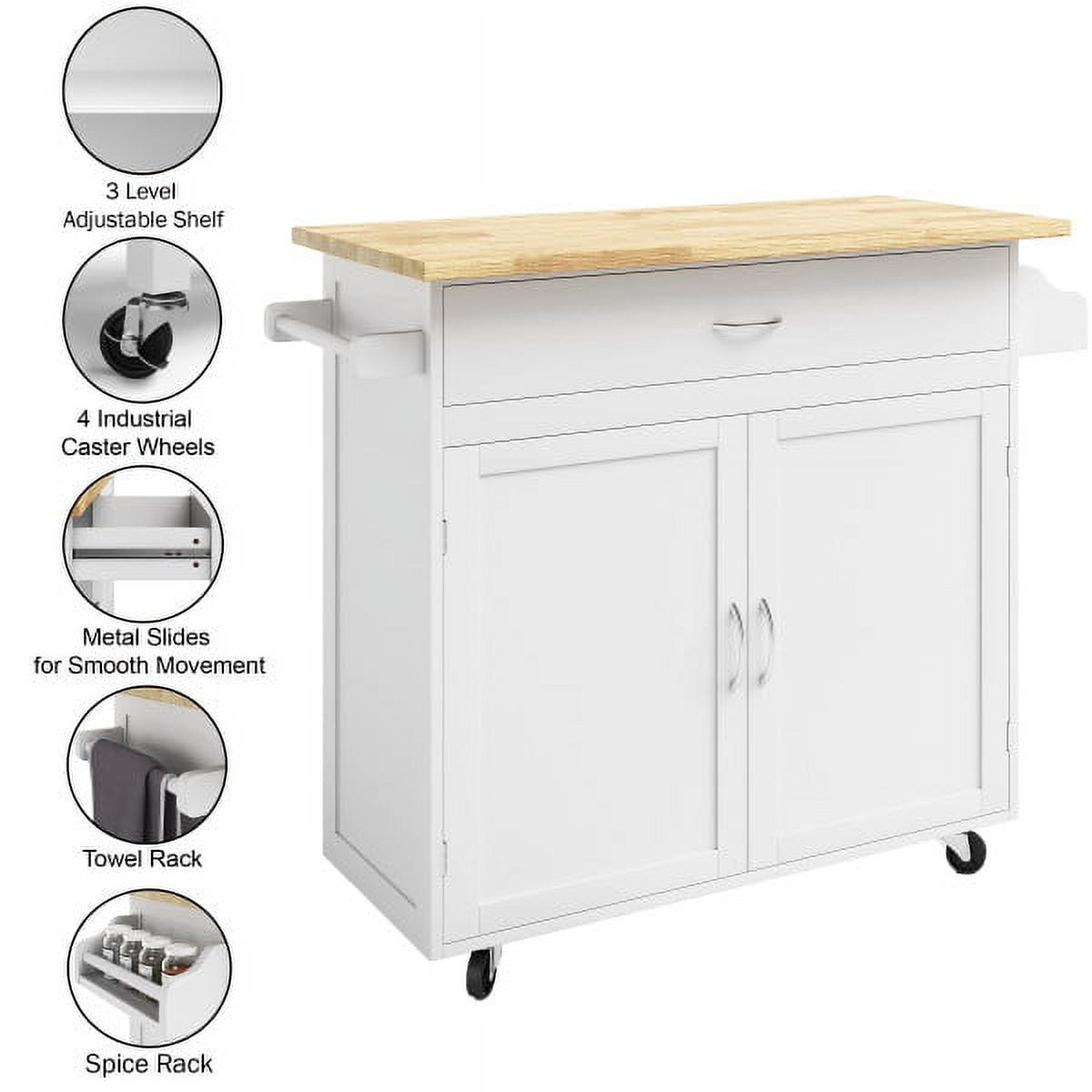 Lavish Home  Kitchen Island with Spice Rack and Storage Cabinet – Rolling Cart with Drawers (White)