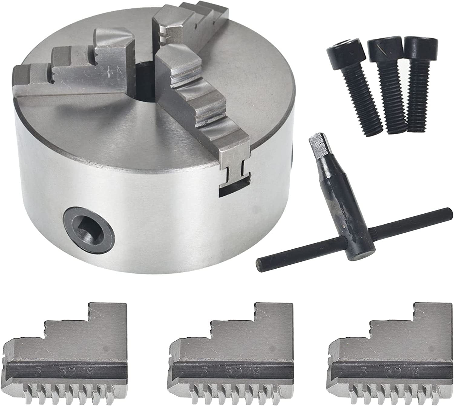 Walfront Drieklauwplaat K11-130 3-kaken zelfcentrerende draaimachine, accessoires, 130 mm diameter, met moersleutel, 2 sets kaken voor houtbewerkingsdraaimachines