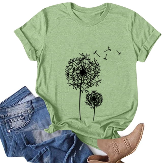 T-shirts d'Été pour Femmes à Col Rond, T-Shirt Imprimé Pissenlit, T-Shirt Décontracté à Manches Courtes, Hauts pour Femmes, Chemisiers, Chandail