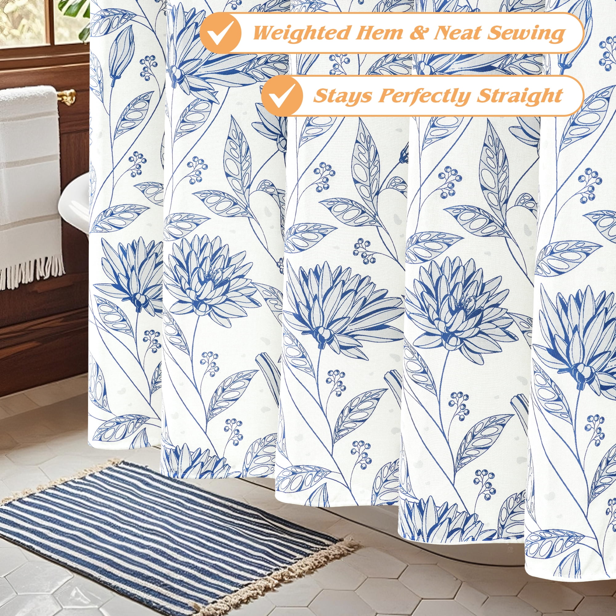 Inosoo Linen-Look Digital Print Shower Curtain, Blue Dahlia Flowers on White Background, 72x72 Inches