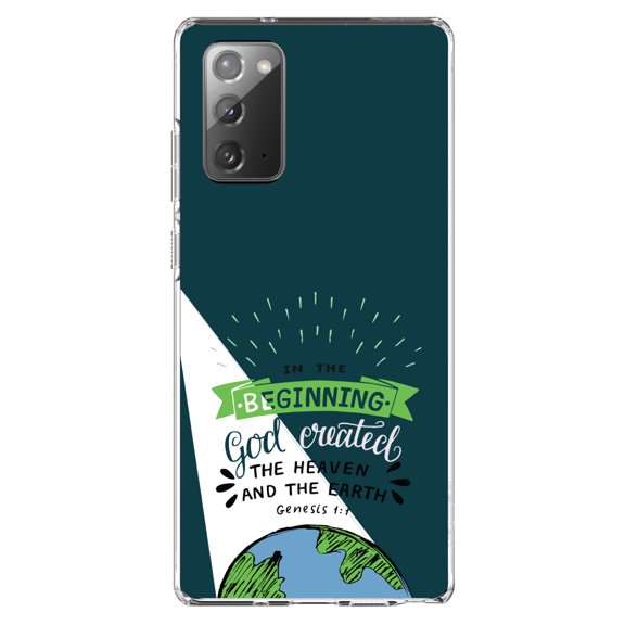DistinctInk Clear Shockproof Hybrid Case for Samsung Galaxy Note 20 (6.7" Screen) - TPU Bumper, Acrylic Back, Tempered Glass Screen Protector - Genesis 1:1 - God Created the Heaven & the Earth