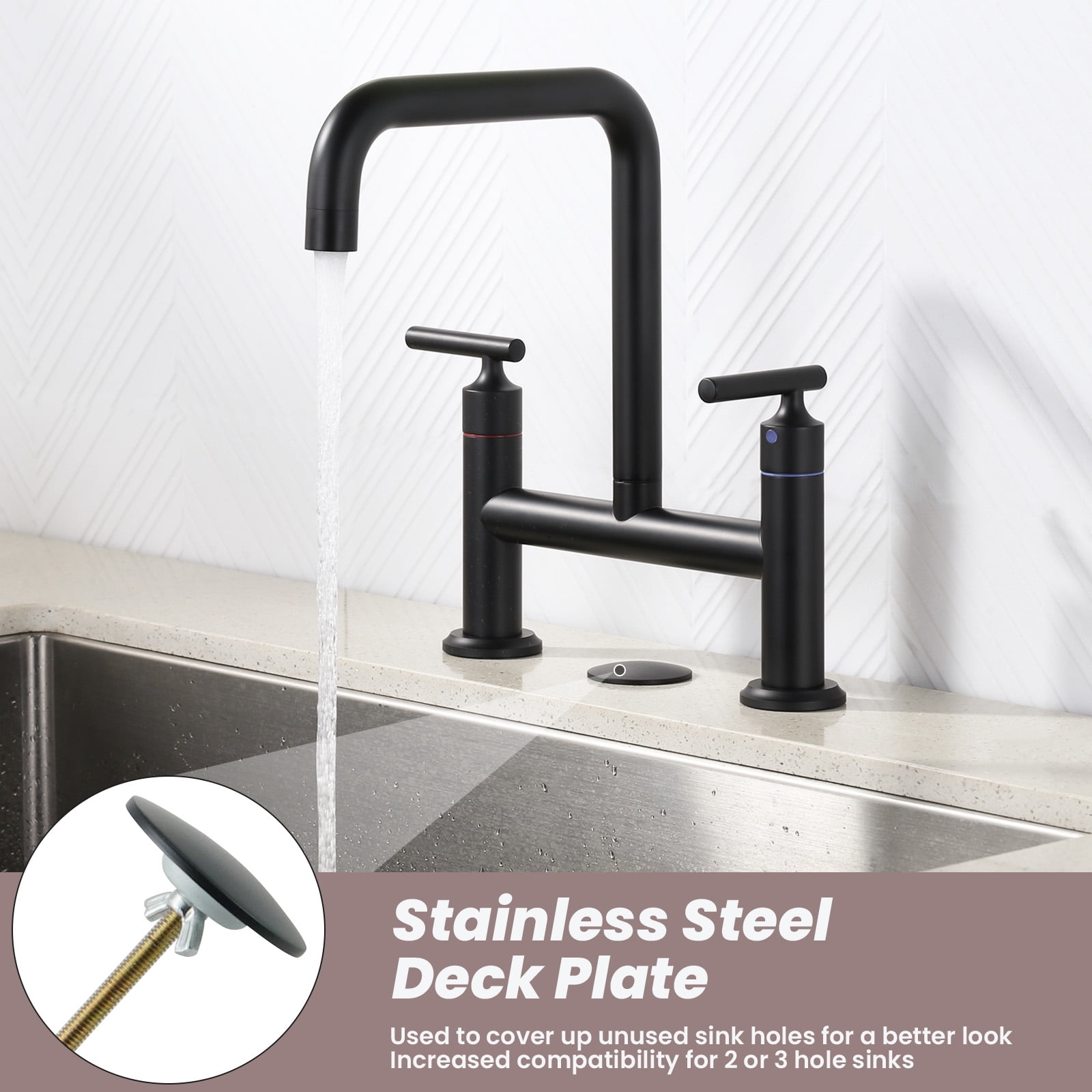WOWOW Double Handle Bridge Faucet with Kitchen Sink Hole Cover