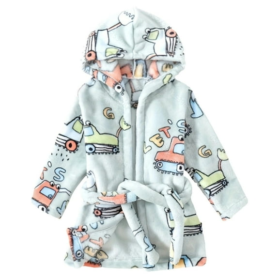FINALGANG Boys Kids Plush Warm Bathrobe Excavator Pattern Long Sleeve Loose Fit Hooded Robe With Belt For Daily Home Relaxation Trendy Outfits