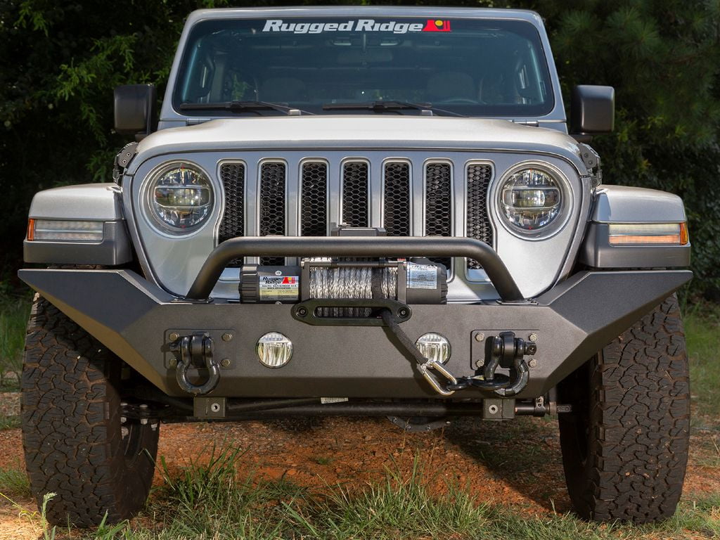 Rugged Ridge by RealTruck Spartan Bumper, Front for Jeep JL/JT|Full-Width w/ High-Clearance Ends & Overrider, Steel, Textured Black Compatible with 2018-2024 Jeep Wrangler JL; 2020-2024 Gladiator JT