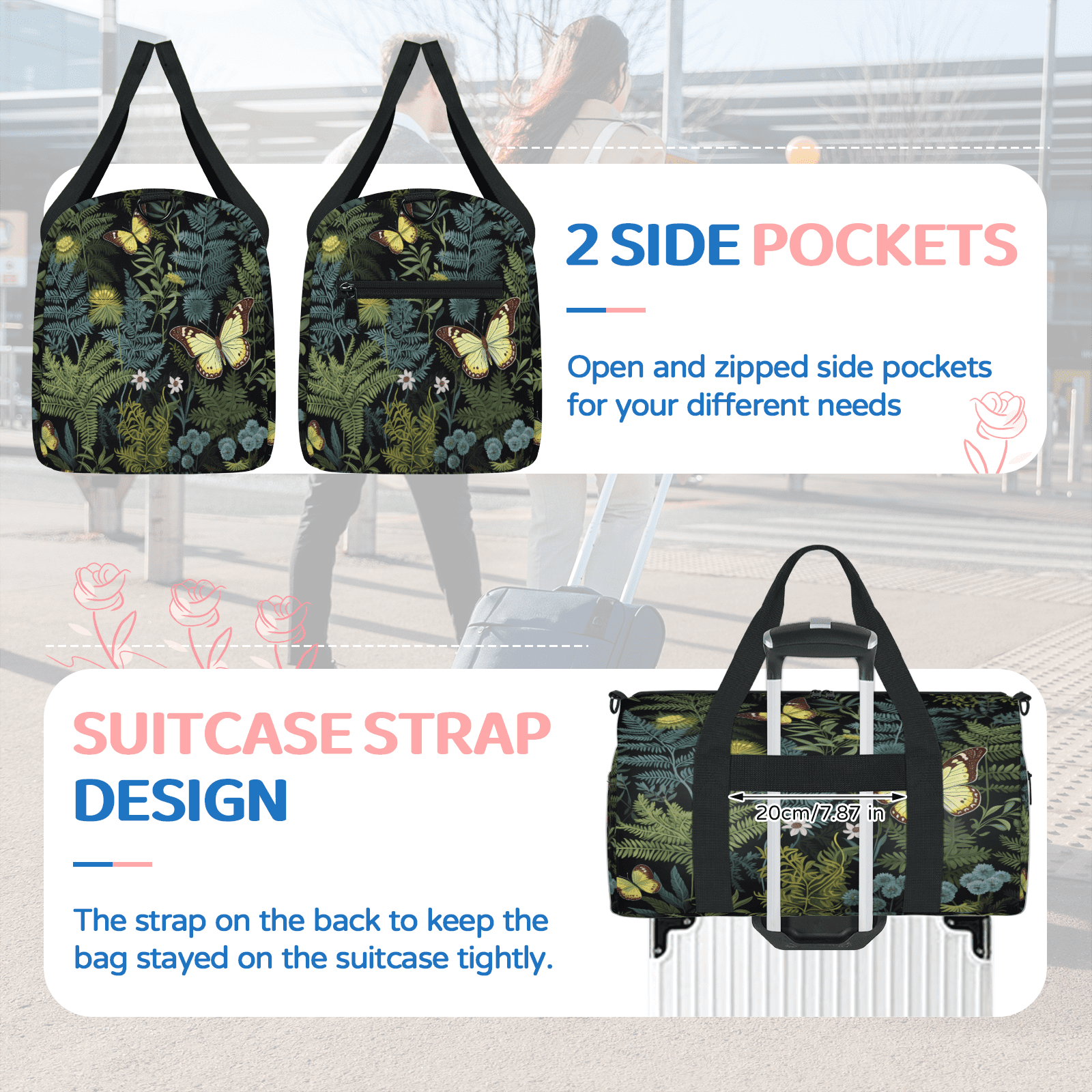 Herdesigns Fern Leaf Leaves Travel Duffle Bag Sports Yoga Weekender Overnight Carry on Workout Bags Lightweight Waterproof Gym Tote Bag for Women