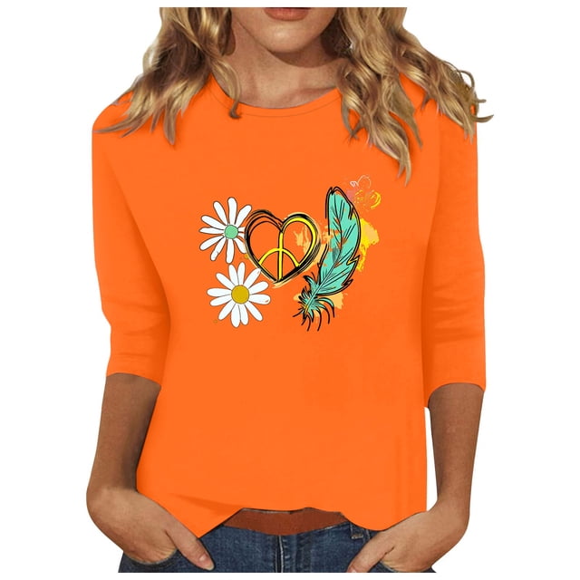 Dadaria Tee-Shirt Femme Orange Manches 3/4 Col Rond Grande Taille Hauts Été Chandail Blouses S