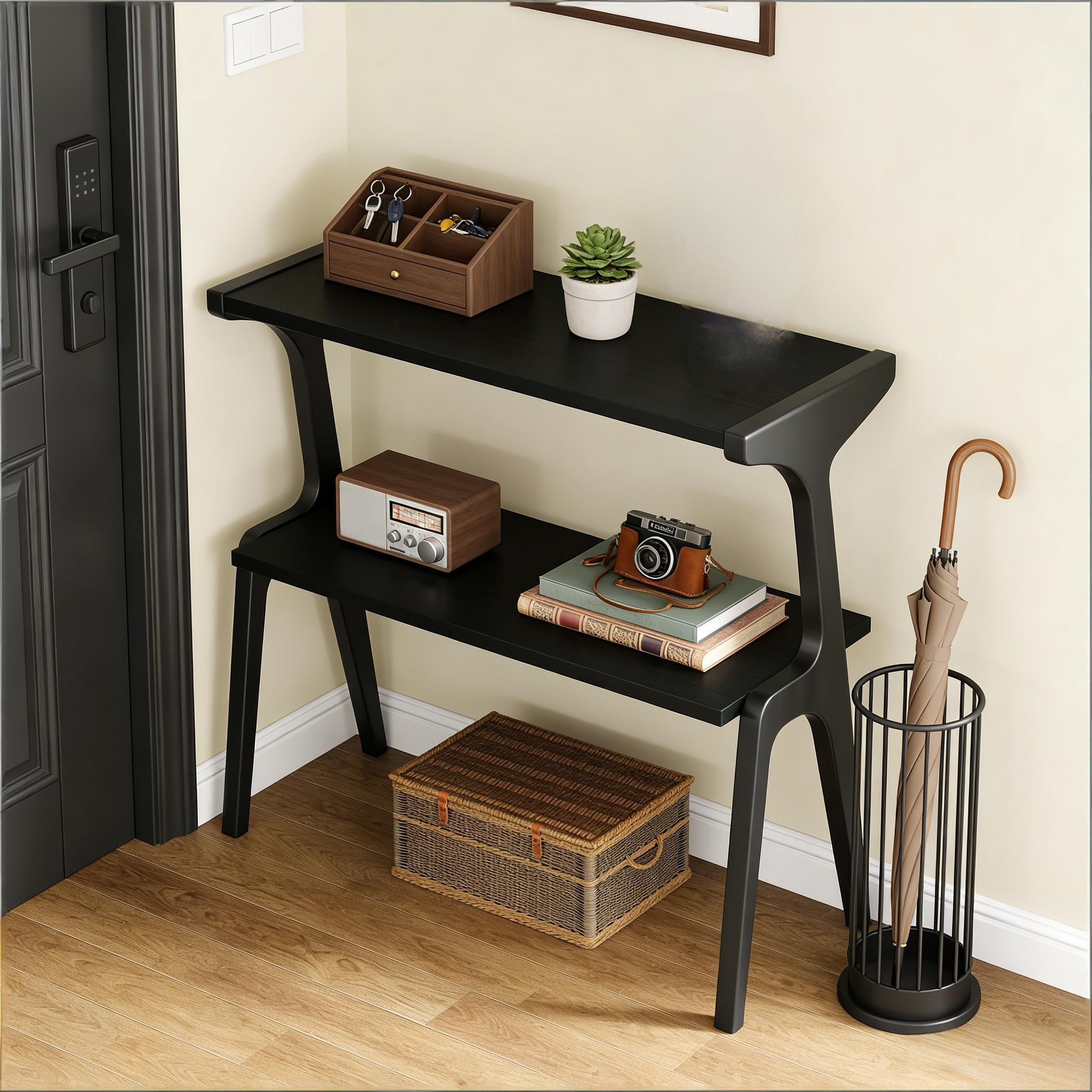 Solid Wood Side Table, 2-Tier, Rustic Brown, Waterproof Lacquer, Multifunctional Use