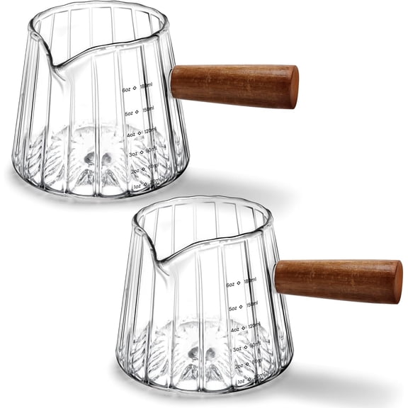 2 PCS Espresso Measuring Cup 6 Oz, Espresso Glass Cups with Wood Handle, Milk Frothing Cup, Espresso Cup for Coffee, Milk, Tea or Maple Syrup Serving