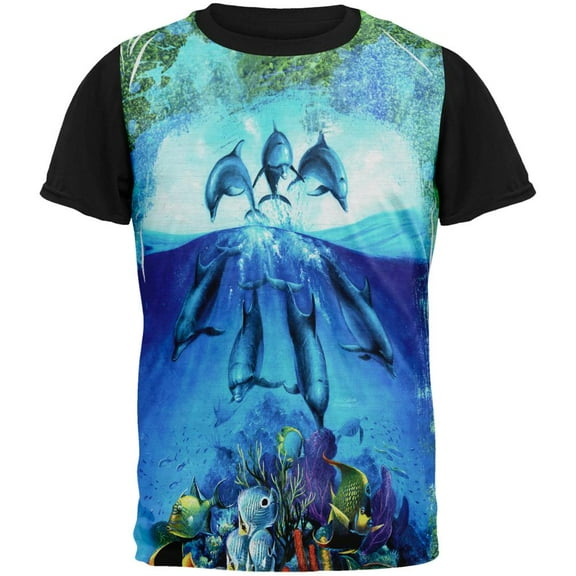 Dolphins Jumping Over Reef All Over Mens Black Back T Shirt Multi SM