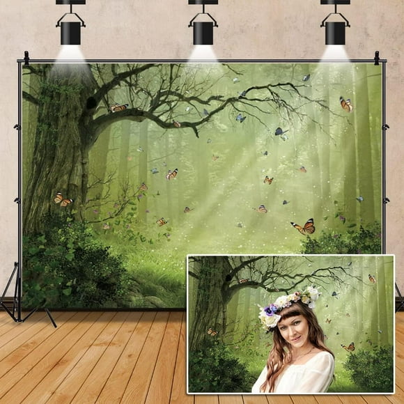 Green Forest Backdrop Fairy Backdrop for Photography Spring Natural Scenery Butterfly Background Jungle Grass Tree