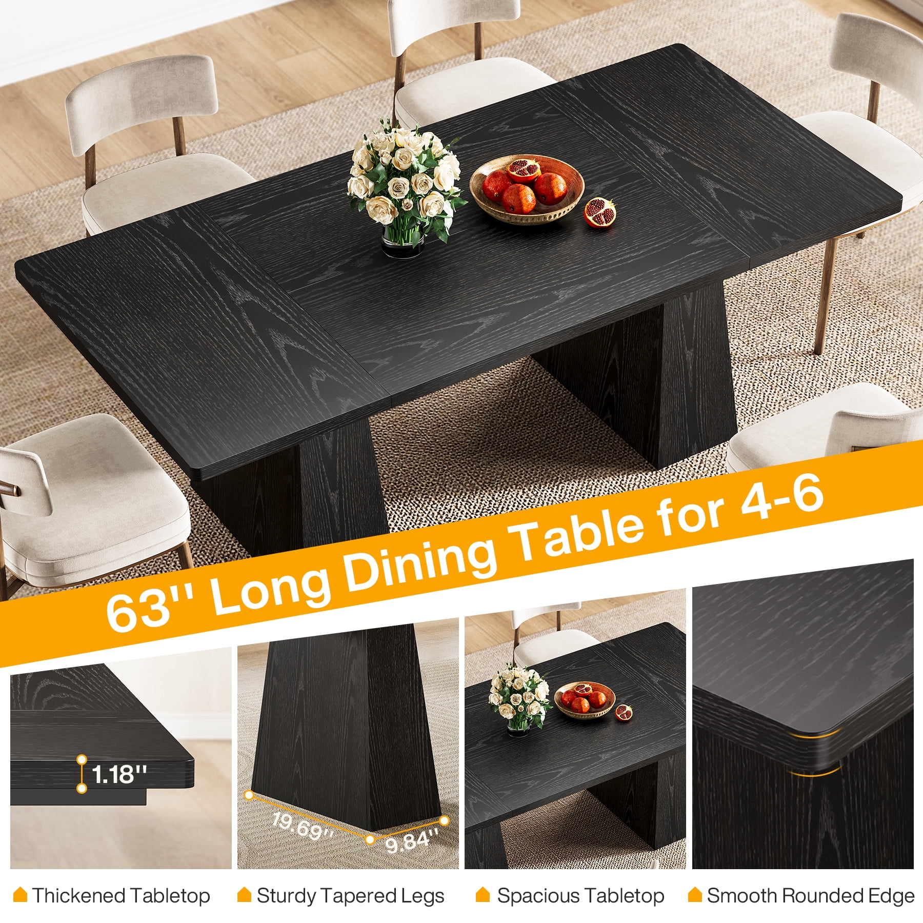 Finmind 63-inch Farmhouse Dining Table for 4-6 People, Modern Wooden Rectangular Kitchen Table for Dining Room, Black