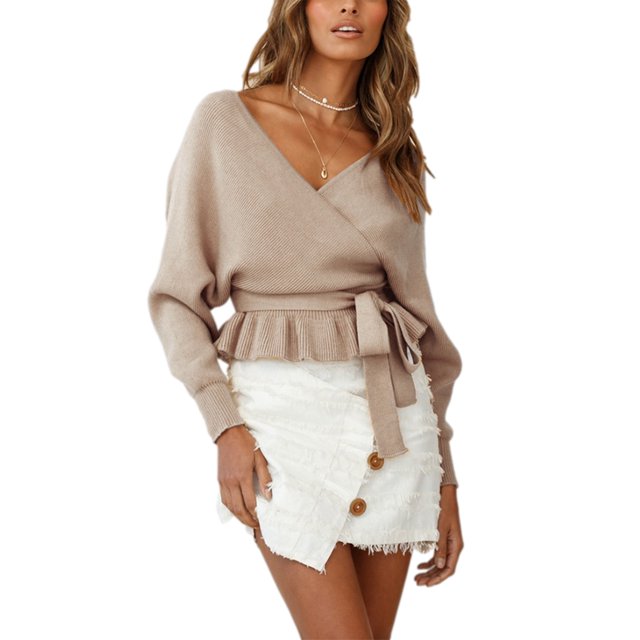 Txlixc Prendas de Punto de Estilo Suelto para Mujer, Jersey de Dobladillo con Volantes de Manga Larga con Cuello en V Profundo de Color Sólido Txlixc Moda