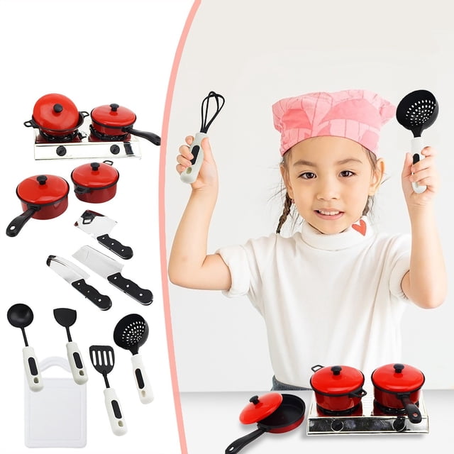 Juego de cocina infantil de 13 piezas con utensilios de cocina y comida de plástico | Juguetes de cocina para niños y niñas | Accesorios para juegos de rol con ollas y sartenes