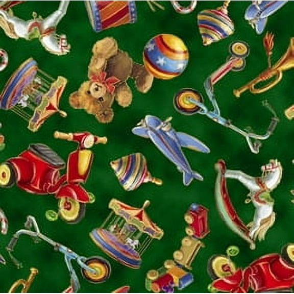Santa's Night Out - Green - Forest - Toys - Tossed - QT Fabrics - 1649 28396 F 15O - 016542241542