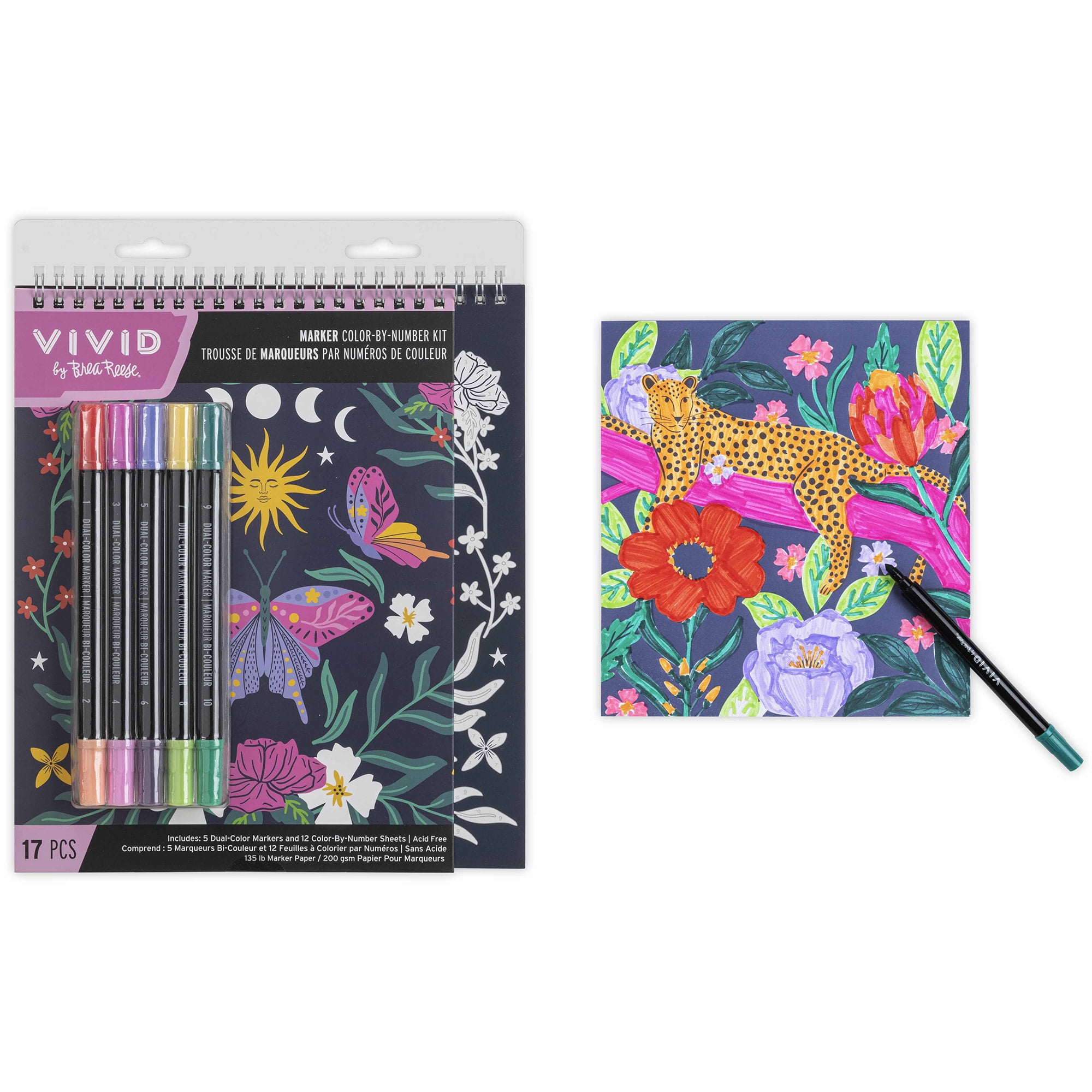 Vivid by Brea Reese: Marker Color-By-Number Kit - Whimsical Botanicals - 5 Dual-Sided Markers, 12 Coloring Pages, Nature-Animal Theme, Spiral Art Pad