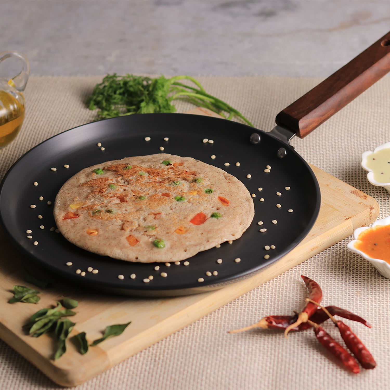 Wonderchef Ebony Non-Stick Dosa Tawa Griddle Pan 26.5 cm with Wooden Handle, Black