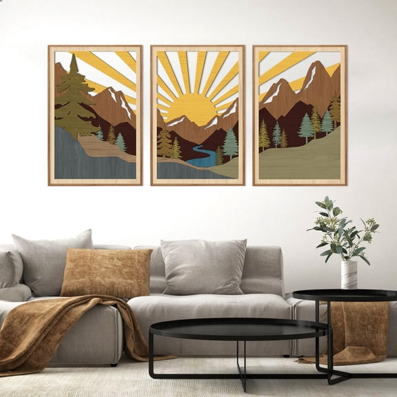 Boho Geometric Mountain Landscape Wall Art Set of 3, 16x24 Wooden Laser Cut Decor for Bedroom Living Room