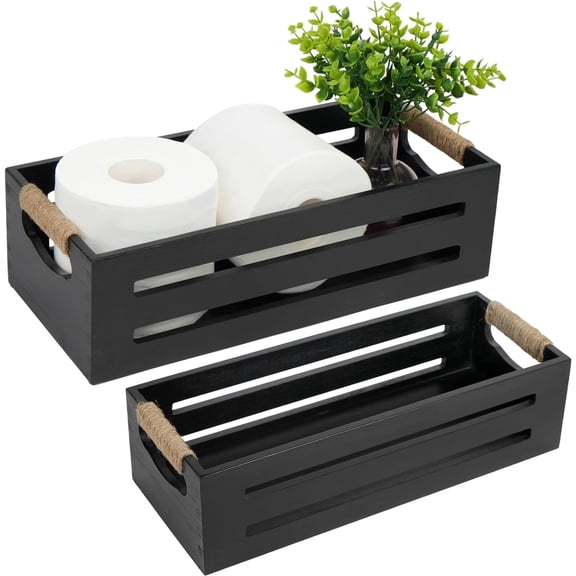 Bathroom Decor Box, 2 Pack Toilet Tank Topper Basket, Wooden Bathroom Basket, Back of Toilet Storage Basket, Black Farmhouse Toilet Paper Holder
