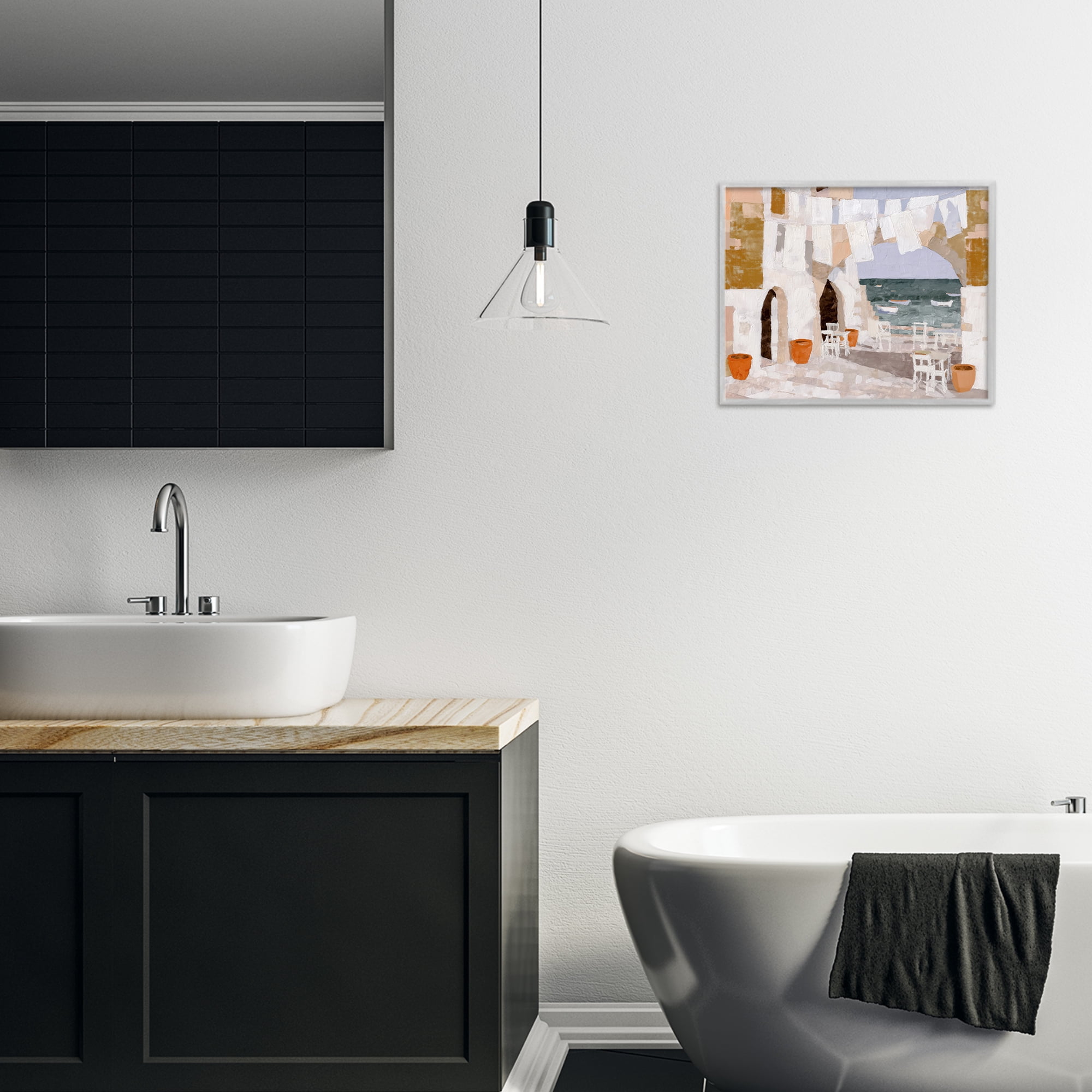 Stupell Industries Coastal Village Plaza Laundry Gray Framed Giclee Art, design by Chromatic Storm Studio
