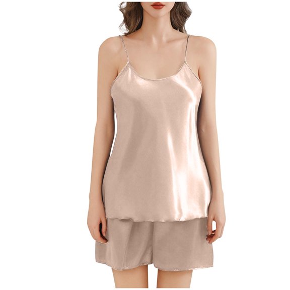 successthop Sleepwear for Women Shorts Set Pink Lightweight Solid Sleeveless Tank Tops 2 Piece Shorts Pajamas XL