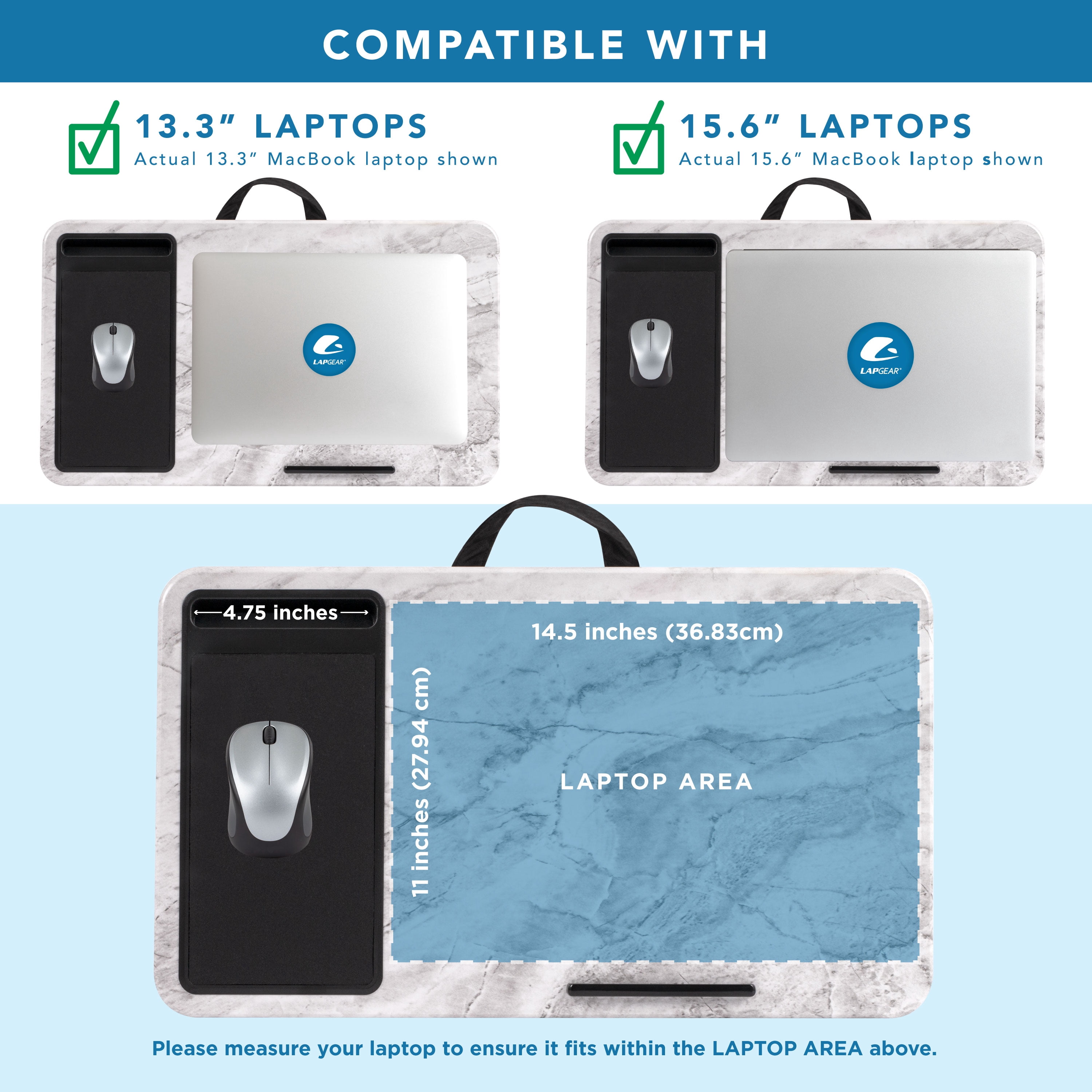 LapGear Left-Handed Home Office Lap Desk, Fits up to 15.6" Laptops, White Marble