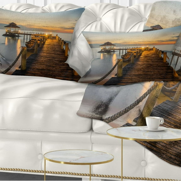 Designart Brown Wooden Pier in Evening - Seashore Photo Throw Pillow - 12x20