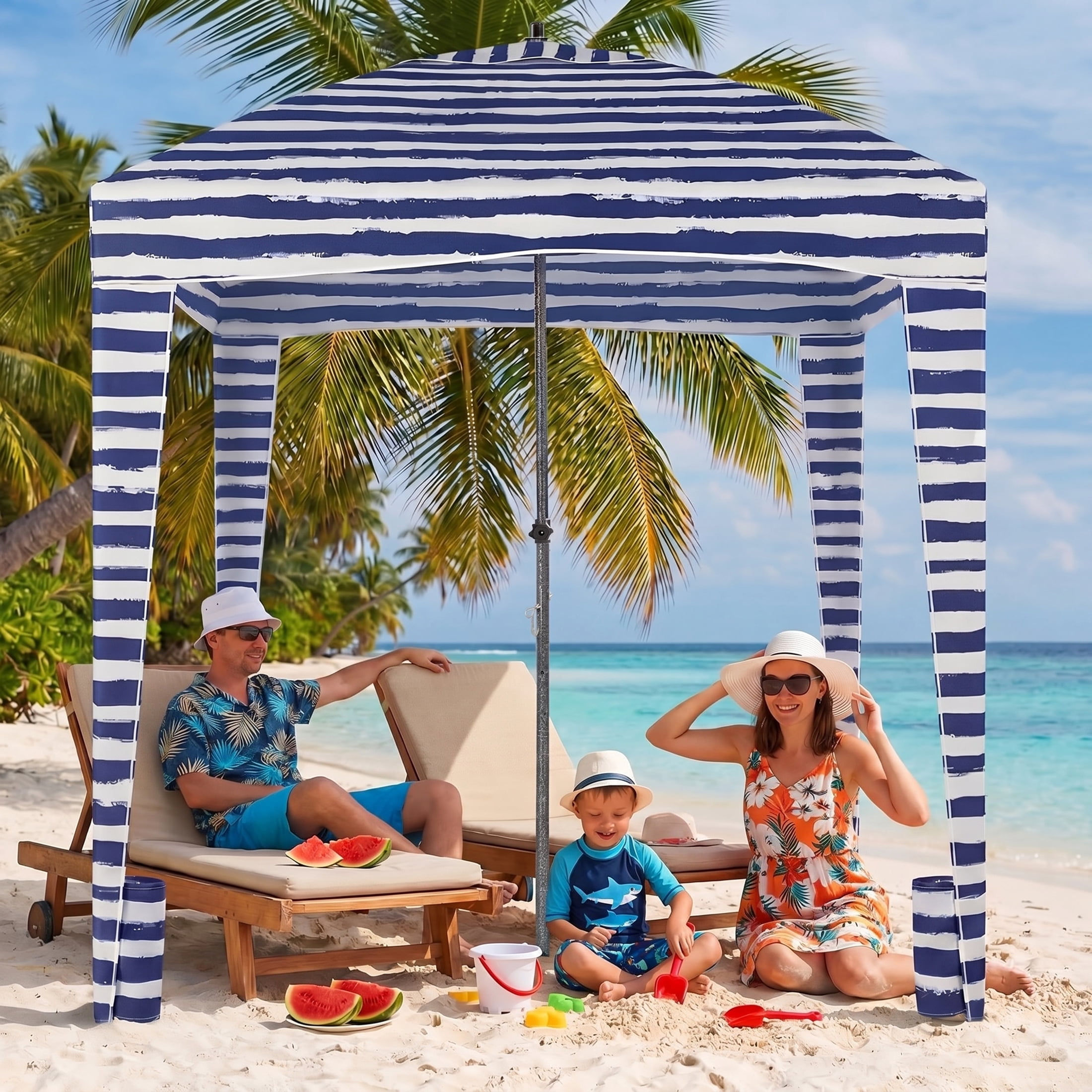 EDX Portable Beach Cabana Shelter Canopy, UPF 50+ Sand Pocket Sun Shade with Carry Bag, Easy Setup Waterproof Outdoor Beach Tent with Vent Top, for Kids, Family & Friends, Blue